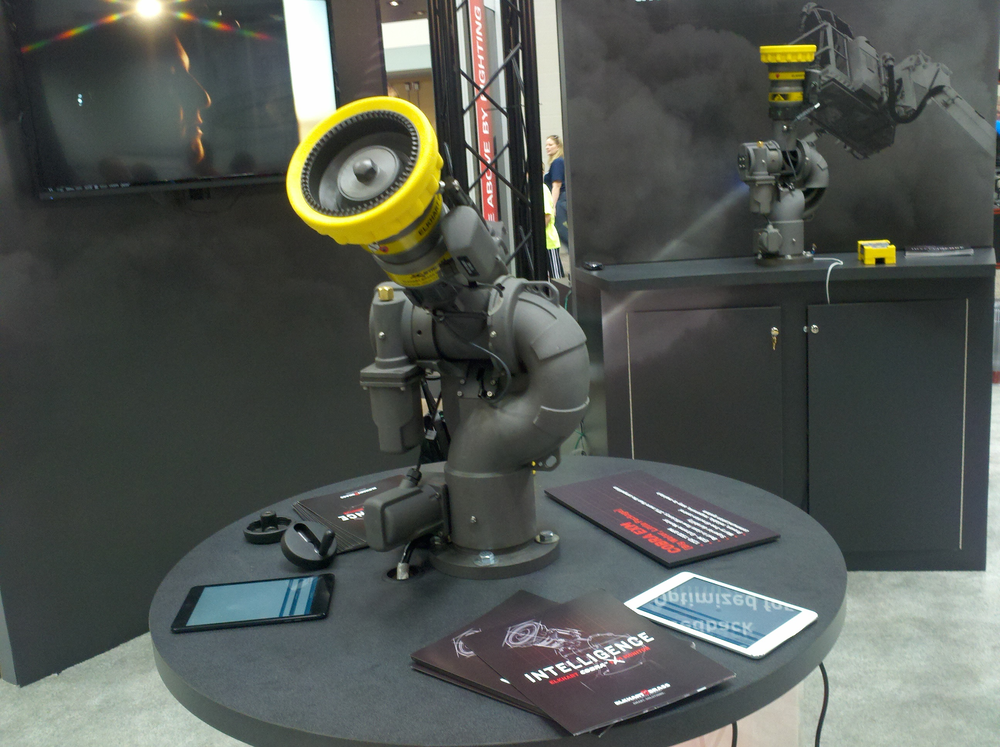 Elkhart Brass introduced a new monitor capable of flowing up to 1,500 gpm with reduced friction loss compared to similar products, according to the maker. Called the Cobra EXM, the new monitor has a stow height of 16 inches and features electronic controls. Photo by Ed Ballam