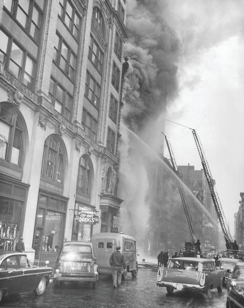 NEW YORK CITY: MARCH 19, 1958 &ndash; FDNY units battle a five-alarm fire at 623 Broadway in Manhattan. A textile oven exploded and set fire to the third floor of the five-story factory. Twenty-five people were killed and numerous others were saved by firemen using Ladder 20&rsquo;s aerial ladder. The fire was reported at 3:55 P.M.