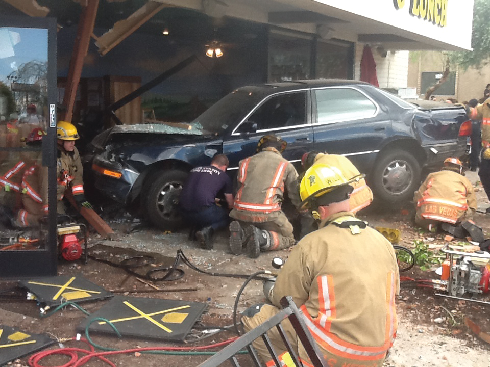 This photo was taken with an iPad after a car veered off a roadway and crashed into the patio eating area of a Las Vegas restaurant. Ten people were injured with four trapped under the vehicle. The photo was sent out before the media arrived on scene and it was all around Las Vegas within minutes.