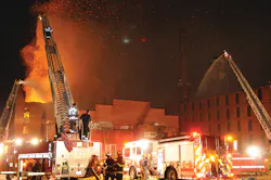 A three-alarm fire ripped through an old Seagram's factory building in Baltimore County, MD, on July 27, 2013. A three-alarm fire ripped through an old Seagram's factory building in Baltimore County, MD, on July 27, 2013.