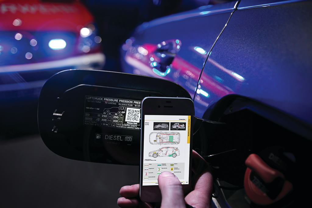 A responder with a smartphone that has a QR code reader app installed can scan either Mercedes-Benz QR code sticker and download the vehicle&rsquo;s Rescue Card.