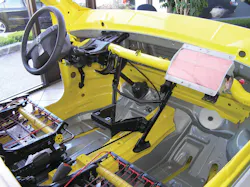 The horizontal dash support pipe (yellow) and the two dash tie downs (black) are shown in this vehicle display. With the instrument panel, dash, and all normal components in place, these items are all hidden from sight. The horizontal dash support pipe (yellow) and the two dash tie downs (black) are shown in this vehicle display. With the instrument panel, dash, and all normal components in place, these items are all hidden from sight.