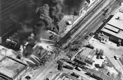 Six firefighters were killed fighting a gasoline fire shortly after this photo was taken on the border between Kansas City, KS, and Kansas City, MO. Six firefighters were killed fighting a gasoline fire shortly after this photo was taken on the border between Kansas City, KS, and Kansas City, MO.