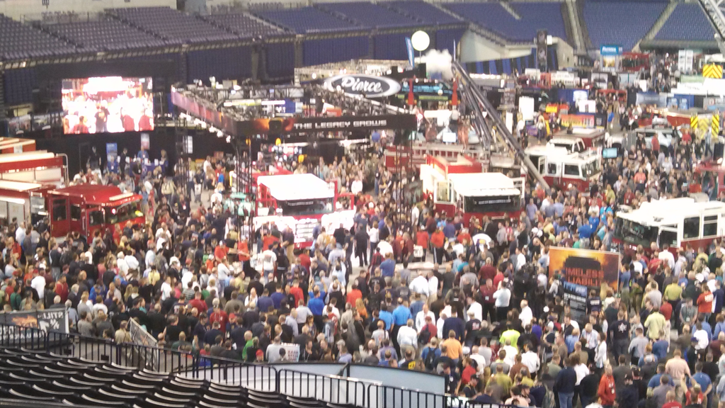Pierce's new Enforcer and Saber cabs and chassis take center stage at the Lucas Oil Stadium at FDIC Thursday afternoon.