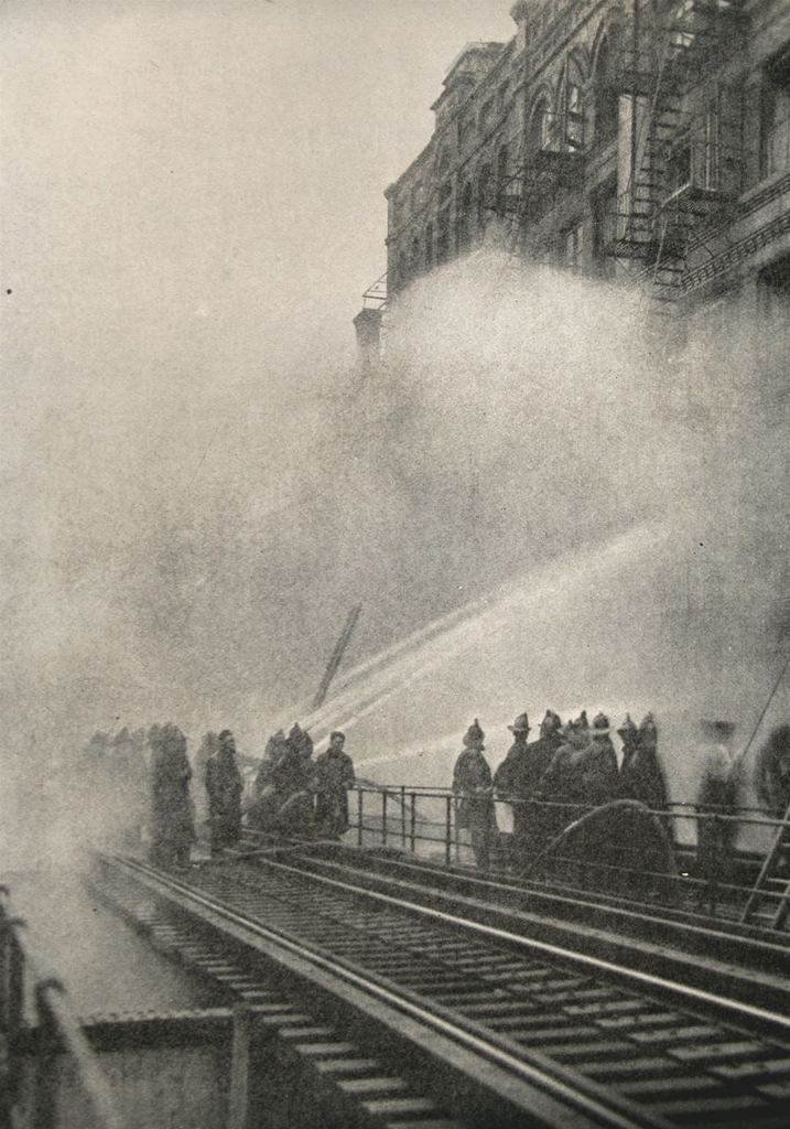 Fifty New York City firemen were overcome while battling a blaze in a cheese warehouse on Greenwich Street in Manhattan on July 17, 1921. The Ninth Avenue elevated subway was shut down for six hours to help firemen battle the fire.