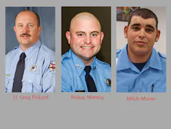 Lt. Greg Pickard (left to right) and firefighters Rickey Mantey and Mitch Moran. Lt. Greg Pickard (left to right) and firefighters Rickey Mantey and Mitch Moran.