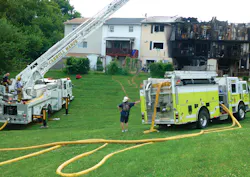 This fire recently ripped through five townhomes in Brunswick, Md. Here, apparatus had to drive over several hundred feet of grass to access the rear of the structures. This fire recently ripped through five townhomes in Brunswick, Md. Here, apparatus had to drive over several hundred feet of grass to access the rear of the structures.