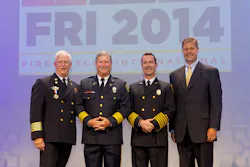 Pictured from left to right: Fire Chief Bill Metcalf (IAFC President), 2014 Career Fire Chief Honoree Alan J. Martin, 2014 Volunteer Fire Chief Honoree Chris Barron, and Jim Johnson, Oshkosh Corporation executive vice president and president, Fire & Emergency. Pictured from left to right: Fire Chief Bill Metcalf (IAFC President), 2014 Career Fire Chief Honoree Alan J. Martin, 2014 Volunteer Fire Chief Honoree Chris Barron, and Jim Johnson, Oshkosh Corporation executive vice president and president, Fire & Emergency.