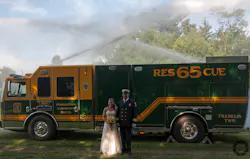 Franlintown & Community Fire Company members Lt. Kaitlin Stough and Deputy Wilbur Stough Jr. pose in front of the new rescue truck at their wedding on June 28. The couple successfully pushed back an attempt to restrict use of apparatus for 'personal gain.' Franlintown & Community Fire Company members Lt. Kaitlin Stough and Deputy Wilbur Stough Jr. pose in front of the new rescue truck at their wedding on June 28. The couple successfully pushed back an attempt to restrict use of apparatus for 'personal gain.'