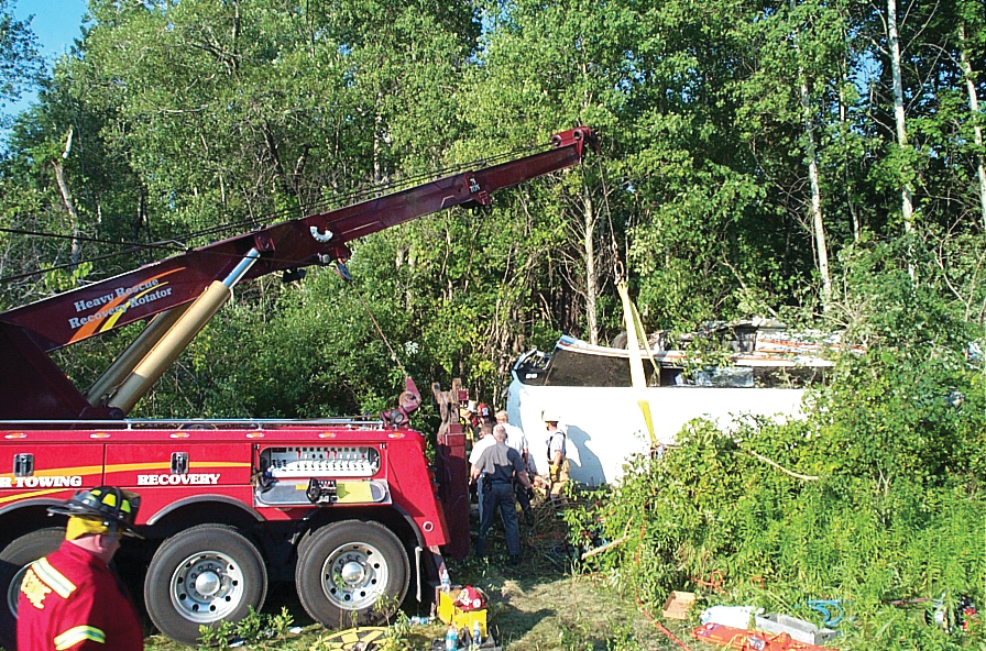 A heavy-duty wrecker was called in to lift a bus off of an accident victim.