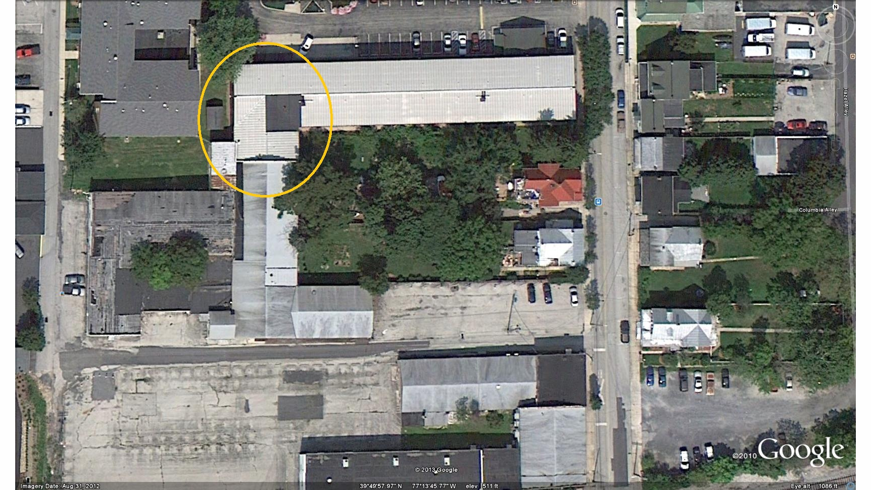 This view from Google Maps shows the layout of the senior citizen complex, which features various roof styles and levels. This image shows access points and exposures.
