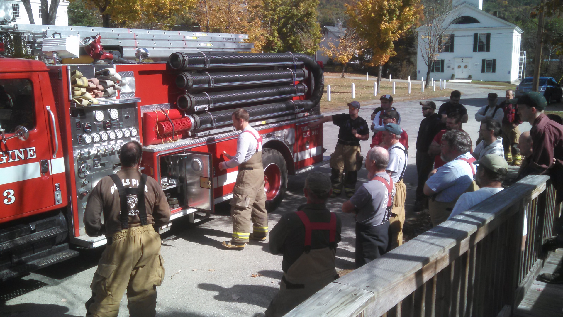 With eight apparatus from five towns lined up around the town common, it seemed only natural to host a 'show and tell' discussion having firefighters talk about their rigs and the stuff they carry on them.