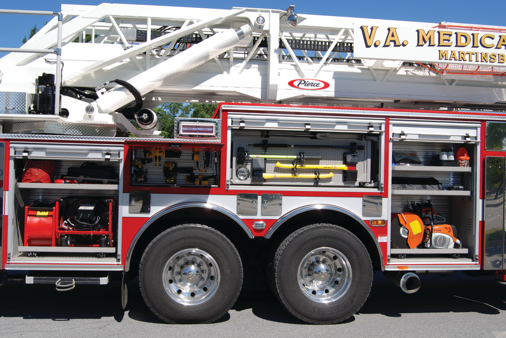 Equipment location and placement is critical to the operational effectiveness of the rig. This 2014 Pierce Arrow XT 100-foot tower serves the Veterans Administration Hospital in Martinsburg, WV.
