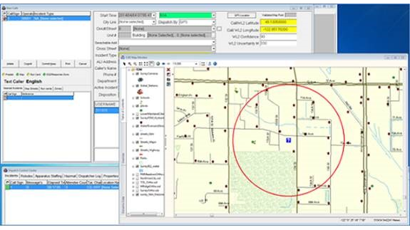 FDM CAD: New call window identifying a Text-to-911 cell call and uncertainty radius for cell calls.
