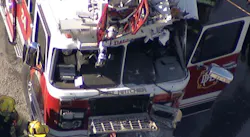 The ladder truck was en route to a fire when it collided with a cement truck. The ladder truck was en route to a fire when it collided with a cement truck.