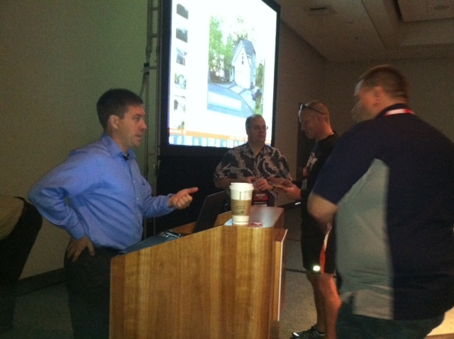 Humboldt Bay, Calif. Battalion Chief Chris Jelinek talks with a firefighter after his session.