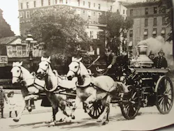 FDNY Engine Company 74 responding along Broadway circa 1900. FDNY Engine Company 74 responding along Broadway circa 1900.