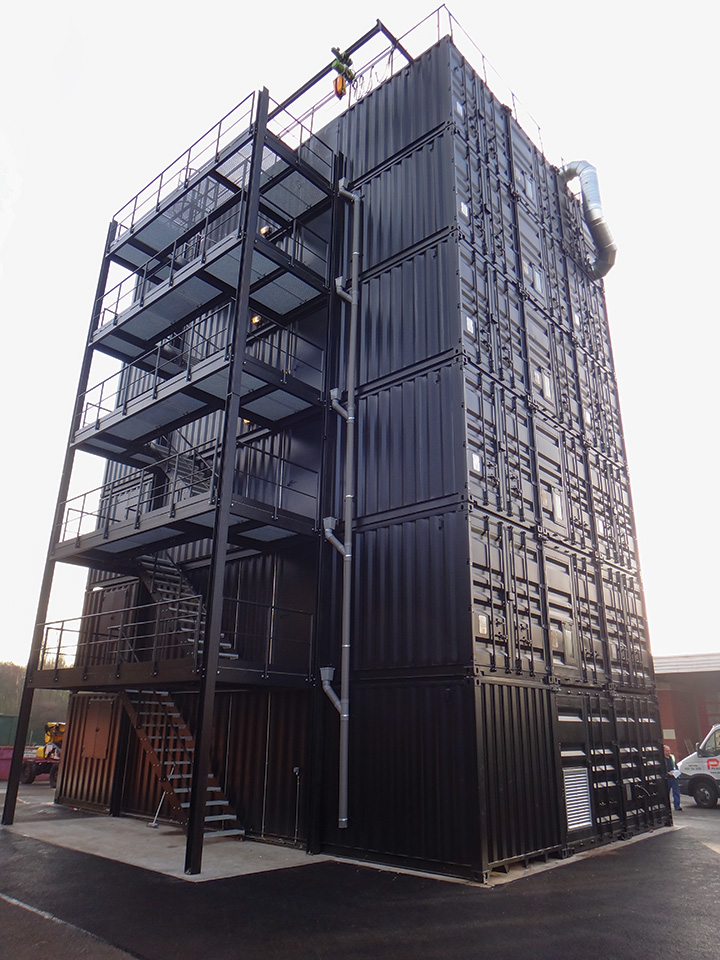 The West Midlands Fire Rescue Service in the United Kingdom designed this six-story structure to use in high-rise fire scenarios. Built-in features can create conditions found in wind-driven fires.