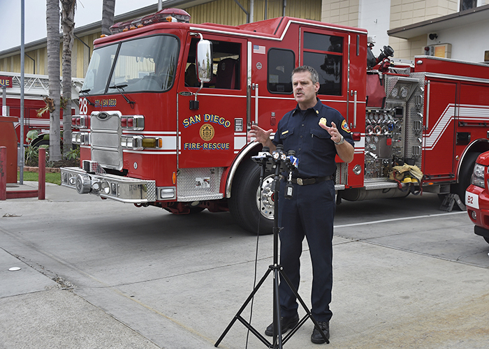 San Diego Fire-Rescue Assistant Chief Brian Fennessy briefs the media on the first-ever national deployment of the San Diego Urban Area Incident Management Team.