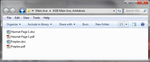 The pre-plans for each address include a Word document and PDF and can include pre-plans, hazardous materials data and water supply information.