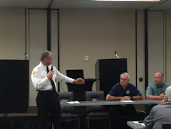 Todd LeDuc, (left to right) talks with Keith Tyson of the Firefighter Cancer Support Network and Rick Mason with the National Fallen Firefighters Foundation. Todd LeDuc, (left to right) talks with Keith Tyson of the Firefighter Cancer Support Network and Rick Mason with the National Fallen Firefighters Foundation.
