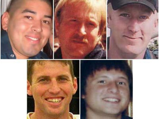 Firefighters Pablo Cerda, (clockwise from top left) Capt. Mark Loutzenhiser, Jason McKay, Daniel Hoover-Najera and Jess McLean were killed during the 2006 Esperanza Fire.
