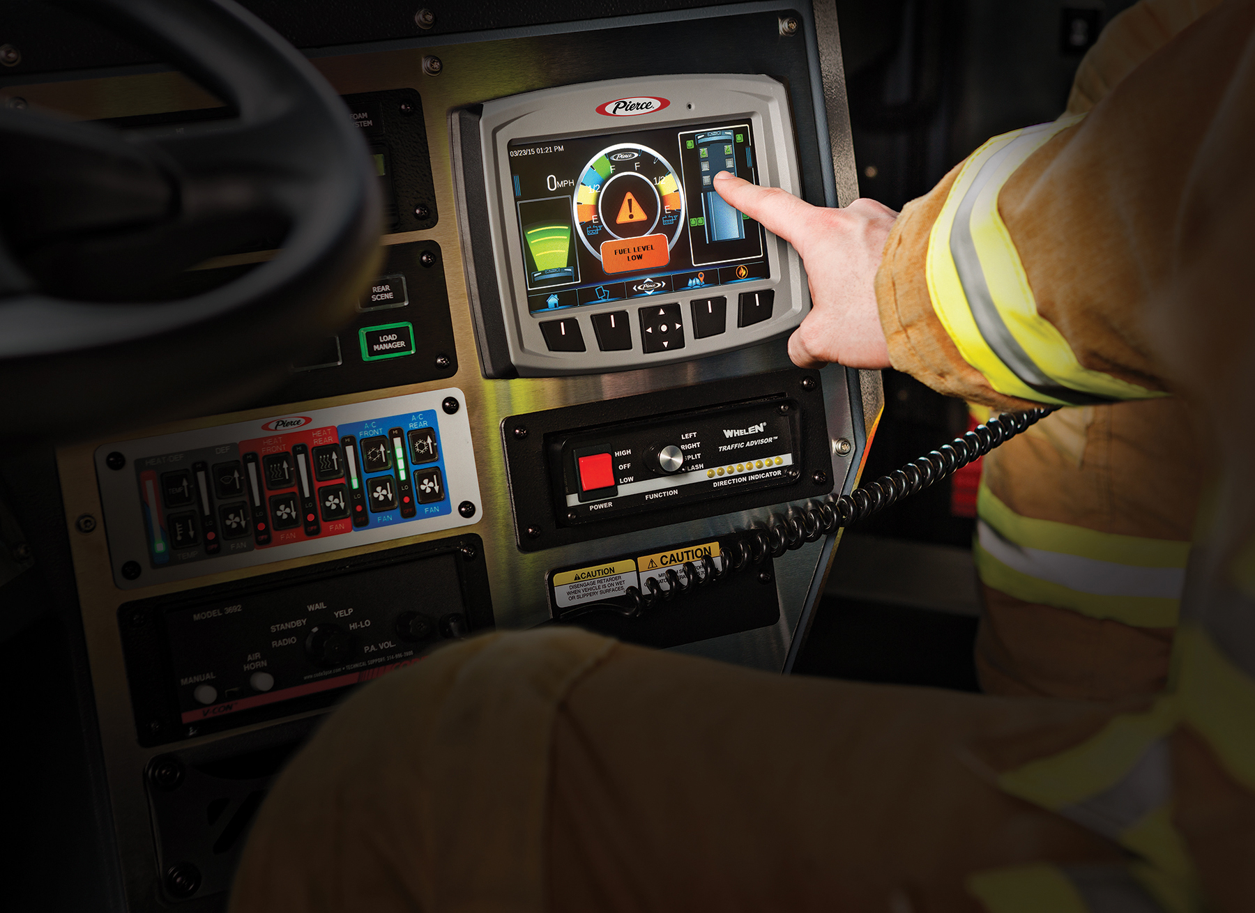 Many of Pierce's apparatus are equipped with Command Zone systems, which is a control panel with a touch screen. The system allows the user to electronically monitor and operate most apparatus systems.