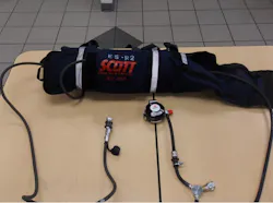 Photo 3: Crews can use the rapid intervention kit to assure that all of the members can operate each connection point in an efficient manner. Photo 3: Crews can use the rapid intervention kit to assure that all of the members can operate each connection point in an efficient manner.