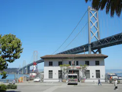 Engine 35 and Fire Boat 1 are located close to the Oakland Bay Bridge. Engine 35 and Fire Boat 1 are located close to the Oakland Bay Bridge.