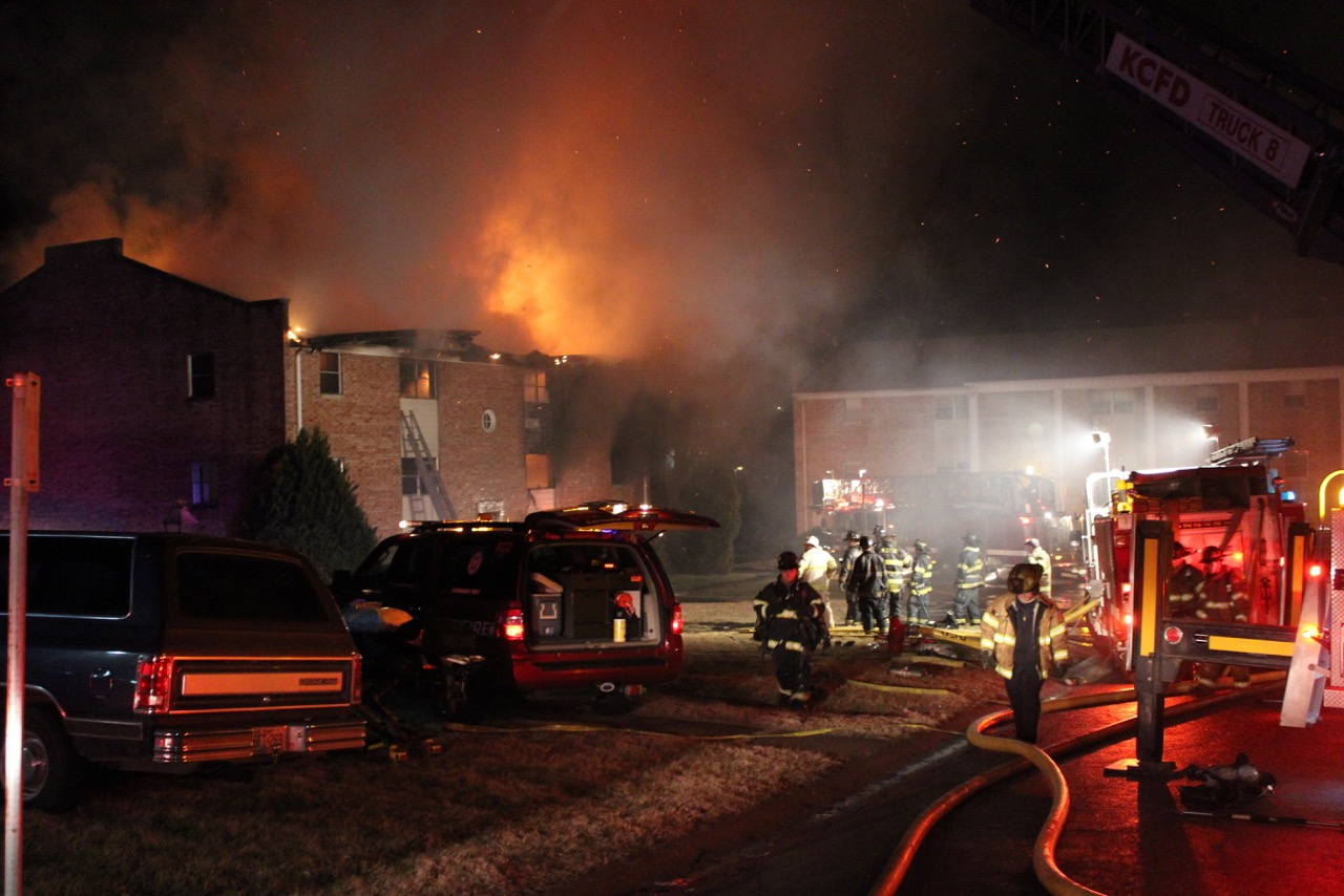 Raytown firefighters were trapped while searching after their hoseline burned through.