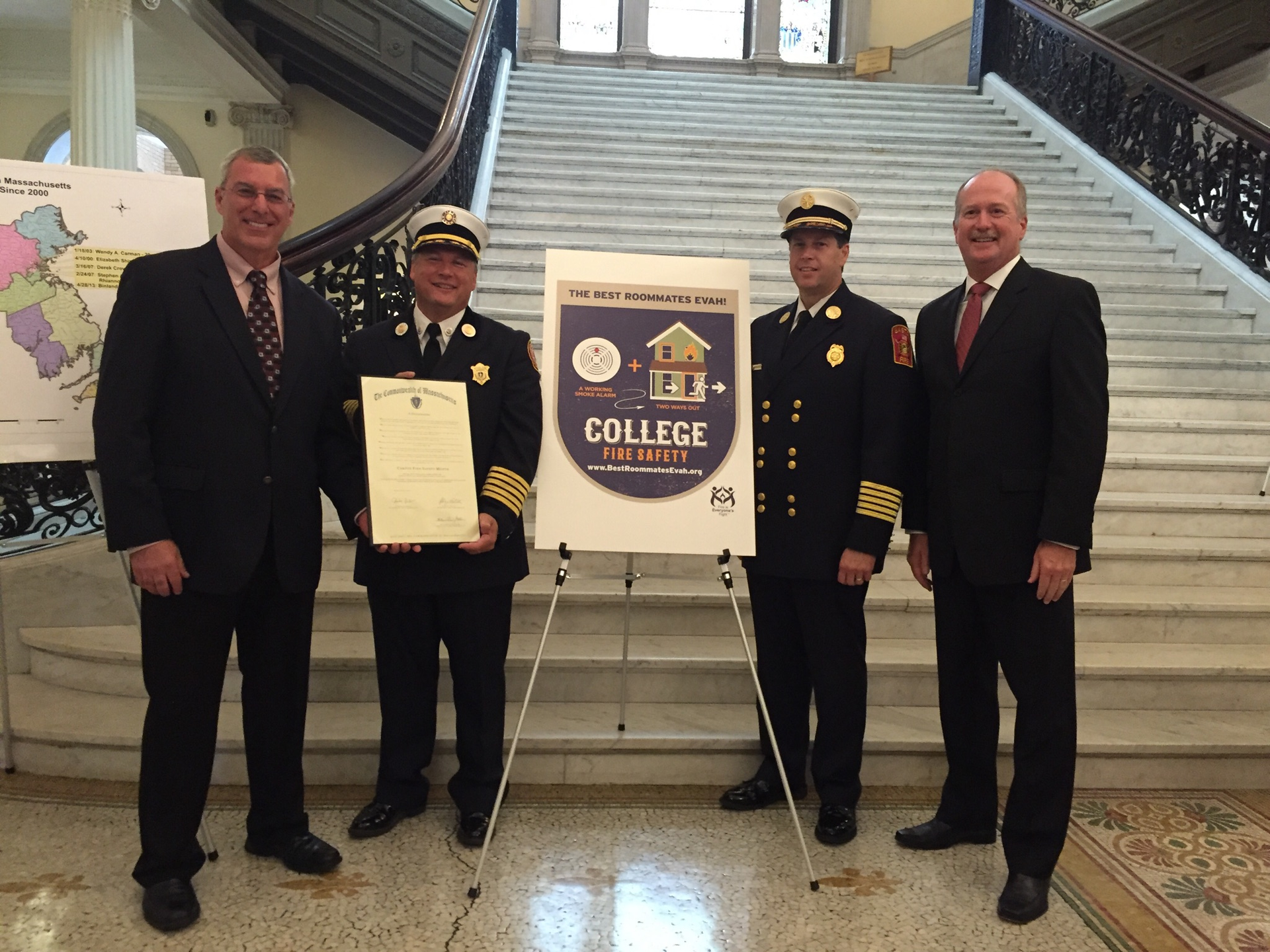 Participating in a campus fire safety press conference Wednesday were from left, Ed Comeau, publisher, Campus Firewatch; MA Fire Marshal Peter Ostroskey, Easton, MA Fire Chief Kevin Partridge, and Jim Pauley, NFPA President.