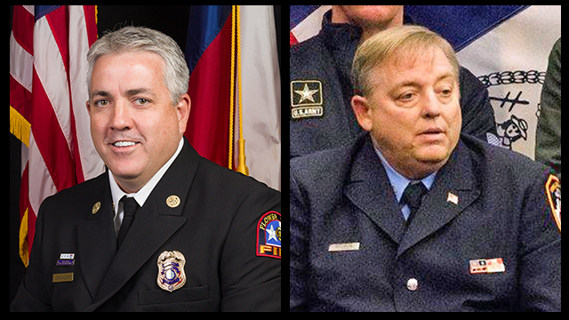 Flower Mound, TX, Fire Chief Eric Greaser (left) and New York City firefighter Ray Pfeifer.