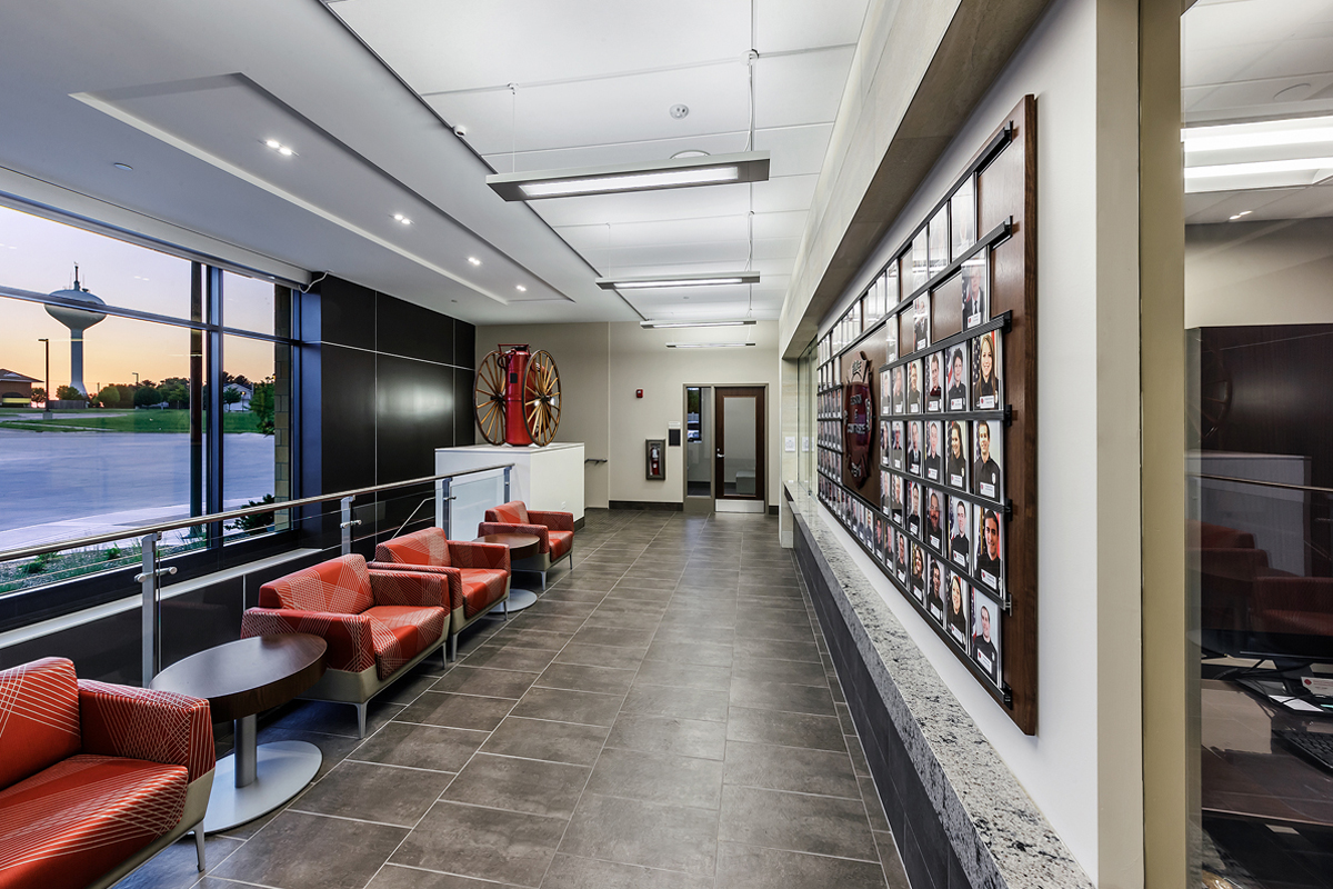 Creative furniture solutions provide a welcoming atmosphere as you walk in the door of the fire station.