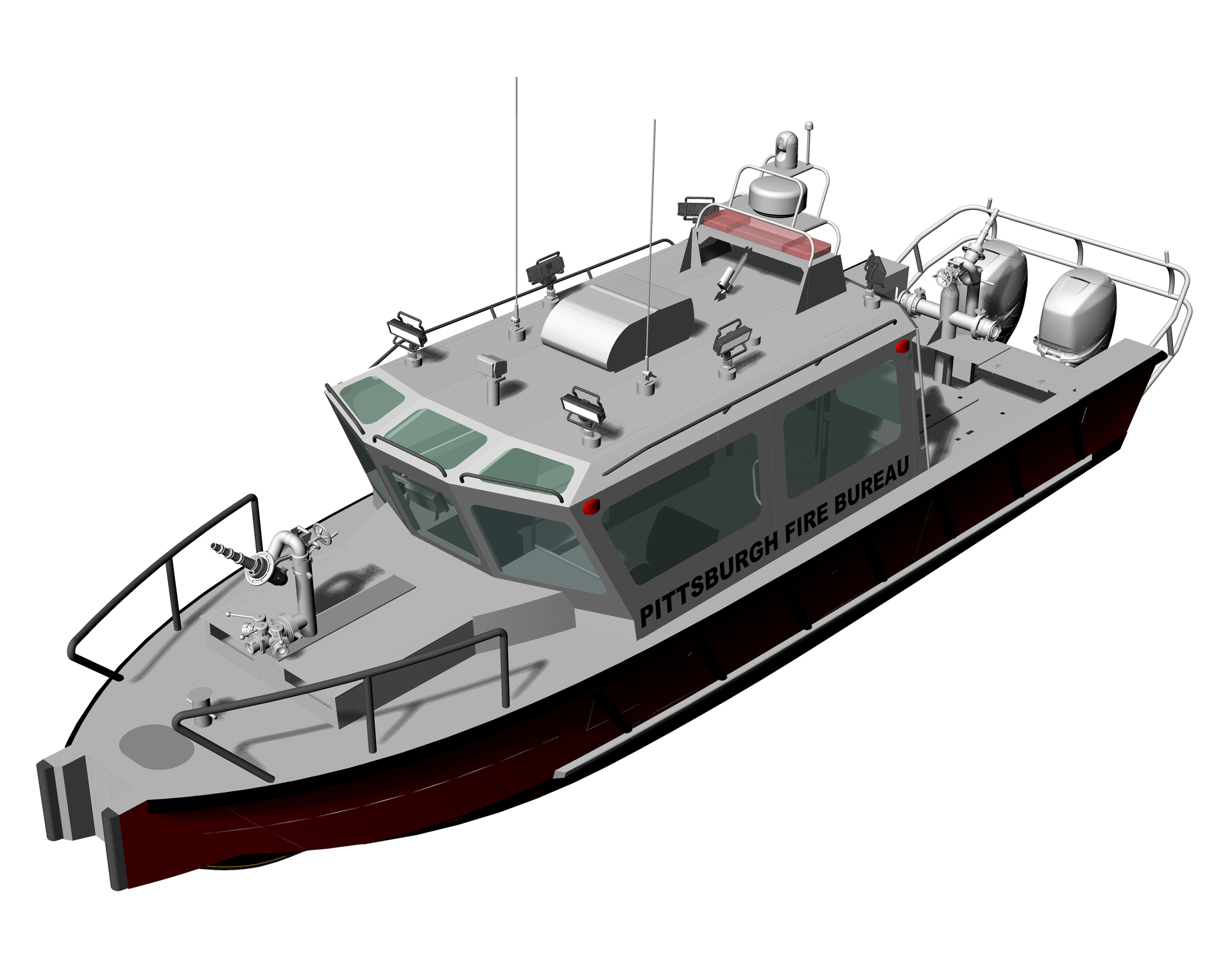 The 34-foot fireboat from Lake Assault is a deep V-hull configuration, with an 11-foot overall beam.