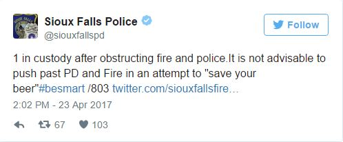 The Sioux Falls Police Dept. arrested a man for trying to 'save' his beer from a fire and sent this tweet to break the news.