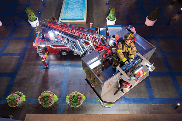 Platform aerials provide a secure place from which to work at elevated heights and provide extra space for equipment. Fire victims can also be lowered to the ground much like an elevator.