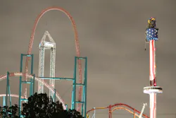 OCFA crews conducted a complex lowering operation to rescue 21 people stranded in the Sky Cabin observation deck at Knott’s Berry Farm, a popular amusement park in Southern California. The ride is essentially a large donut-shaped room that rotates 360 degrees and moves vertically about a fixed center pole. OCFA crews conducted a complex lowering operation to rescue 21 people stranded in the Sky Cabin observation deck at Knott’s Berry Farm, a popular amusement park in Southern California. The ride is essentially a large donut-shaped room that rotates 360 degrees and moves vertically about a fixed center pole.