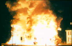 Phosphorous caught fire when water leaked from one of the 55-gallon drums, spread to all containers and engulfed this truck in Gettysburg, PA. Phosphorous caught fire when water leaked from one of the 55-gallon drums, spread to all containers and engulfed this truck in Gettysburg, PA.