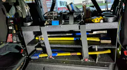 The rear crew area on College Park, MD, Truck 12 carries two sets of irons, a Hydra Ram and other equipment. The rear crew area on College Park, MD, Truck 12 carries two sets of irons, a Hydra Ram and other equipment.