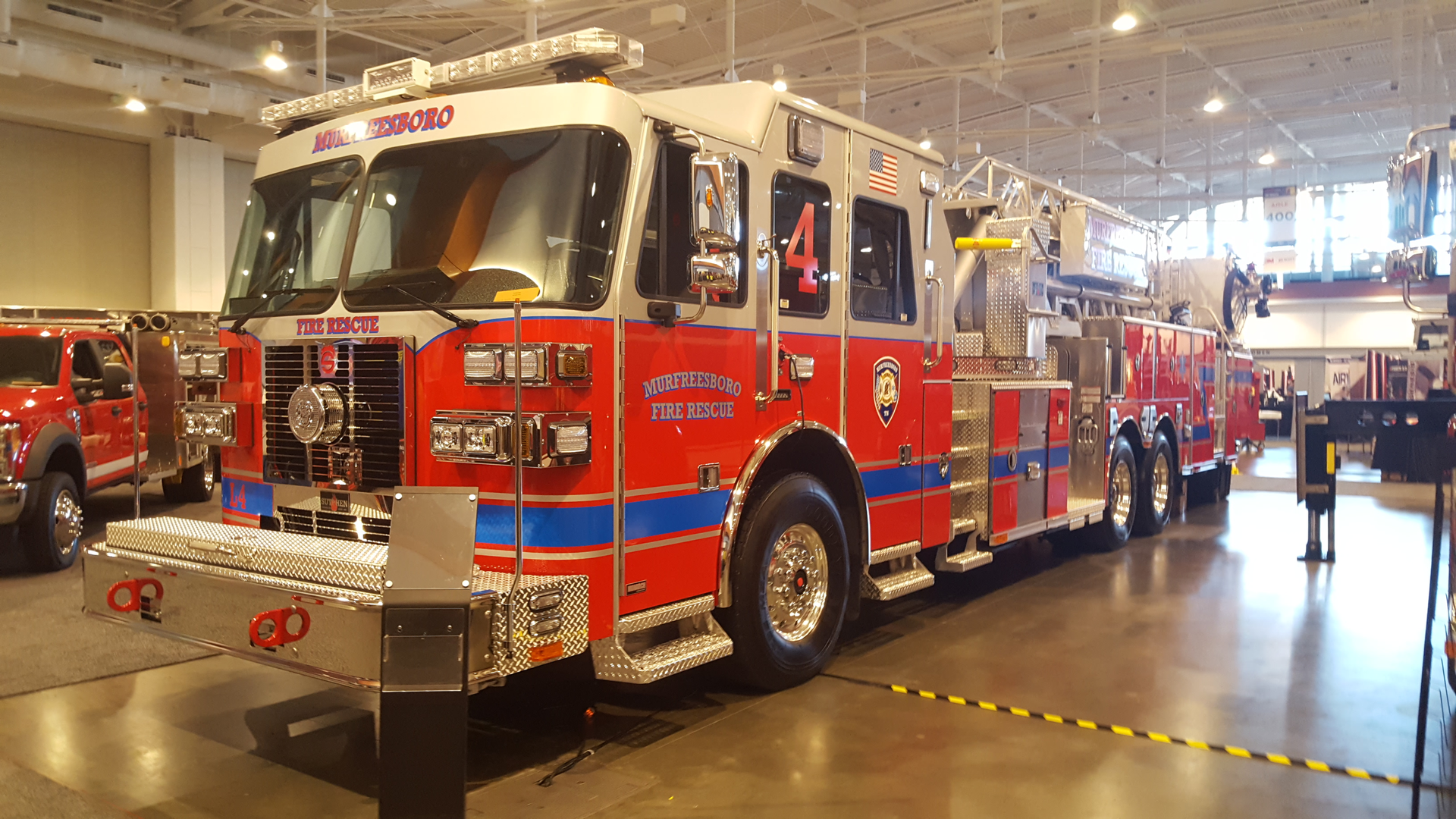 Murfreesboro, TN, Fire Department has it's brand new 100-foot rear-mount aerial, built by Sutphen, on the show floor. The aerial is powered by a Cummins ISX 500 hp engine, and has a 2,000 gpm Waterous pump.