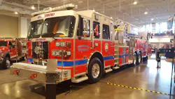 Murfreesboro, TN, Fire Department has it's brand new 100-foot rear-mount aerial, built by Sutphen, on the show floor. The aerial is powered by a Cummins ISX 500 hp engine, and has a 2,000 gpm Waterous pump. Murfreesboro, TN, Fire Department has it's brand new 100-foot rear-mount aerial, built by Sutphen, on the show floor. The aerial is powered by a Cummins ISX 500 hp engine, and has a 2,000 gpm Waterous pump.