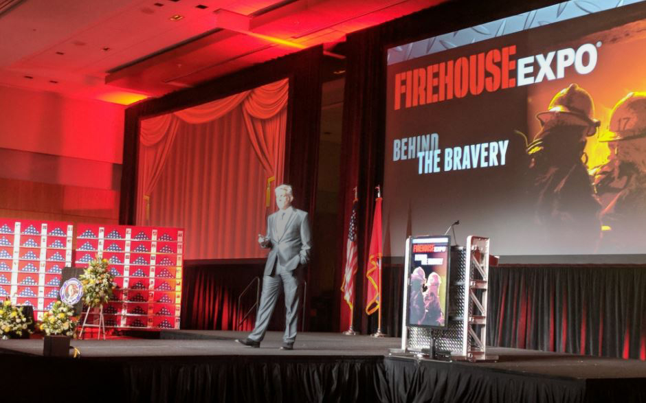 FDNY Capt. John Ceriello delivers the keynote address to conclude opening ceremonies at Firehouse Expo 2017 in Nashville, TN, on Thursday, Oct. 19, 2017.