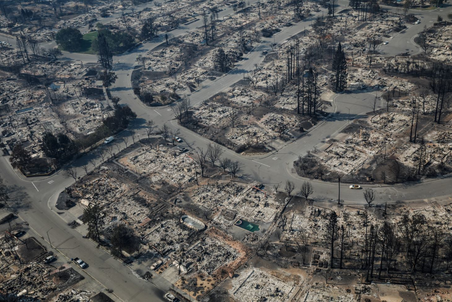 An aerial view of homes destroyed by wildfire in the Coffey Park neighborhood of Santa Rosa, CA, on October 11, 2017.