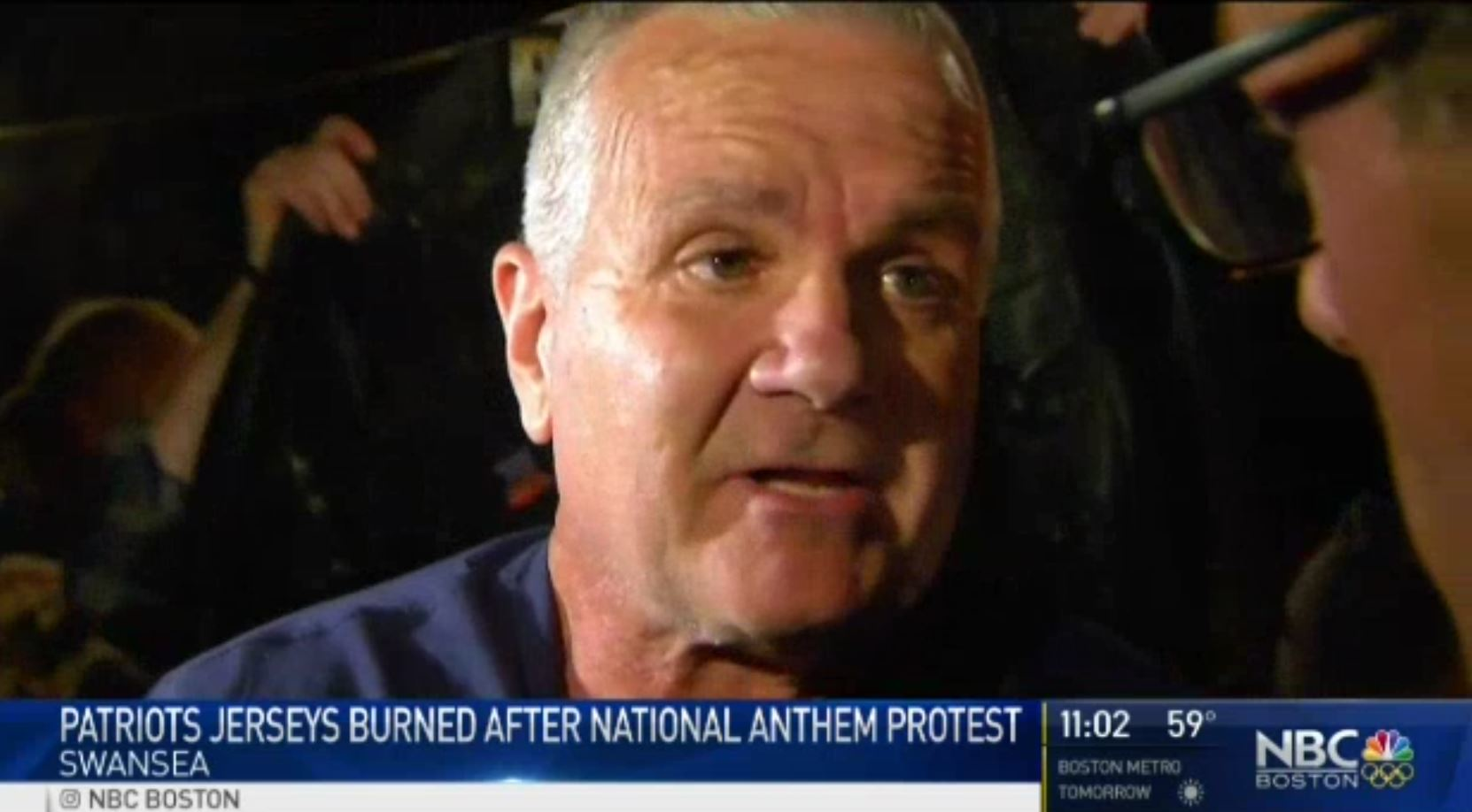 Mark Shane, of Swansea, MA, speaks to NBC Boston after hosting a Patriots jersey burning event in response to players kneeling for the National Anthem.