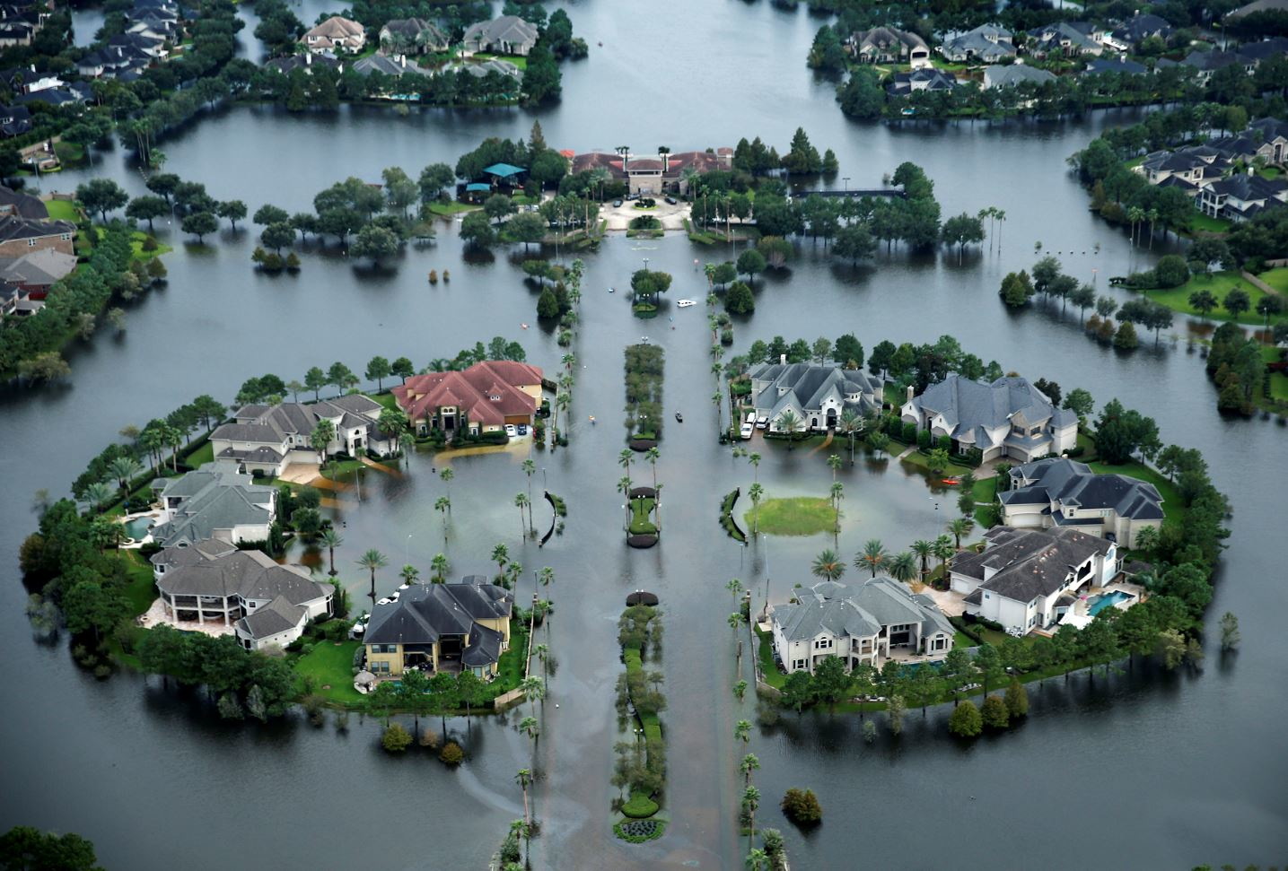 Flood waters overtake the Lakes on Eldridge North neighborhood near the Addicks Reservoir in Houston, TX, on Aug. 30, 2017, in the aftermath of Hurricane Harvey.