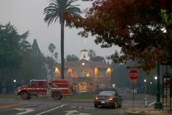 A fire apparatus passes Sonoma City Hall on the third day of Wine Country fires in October. A fire apparatus passes Sonoma City Hall on the third day of Wine Country fires in October.