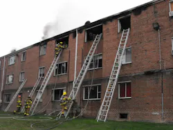 Crews did a good job with ground ladder placement at this fire in a three-story, ordinary construction apartment complex. First- and second-arriving ladder companies must carry a good assortment of straight, roof and extension ladders. Crews did a good job with ground ladder placement at this fire in a three-story, ordinary construction apartment complex. First- and second-arriving ladder companies must carry a good assortment of straight, roof and extension ladders.