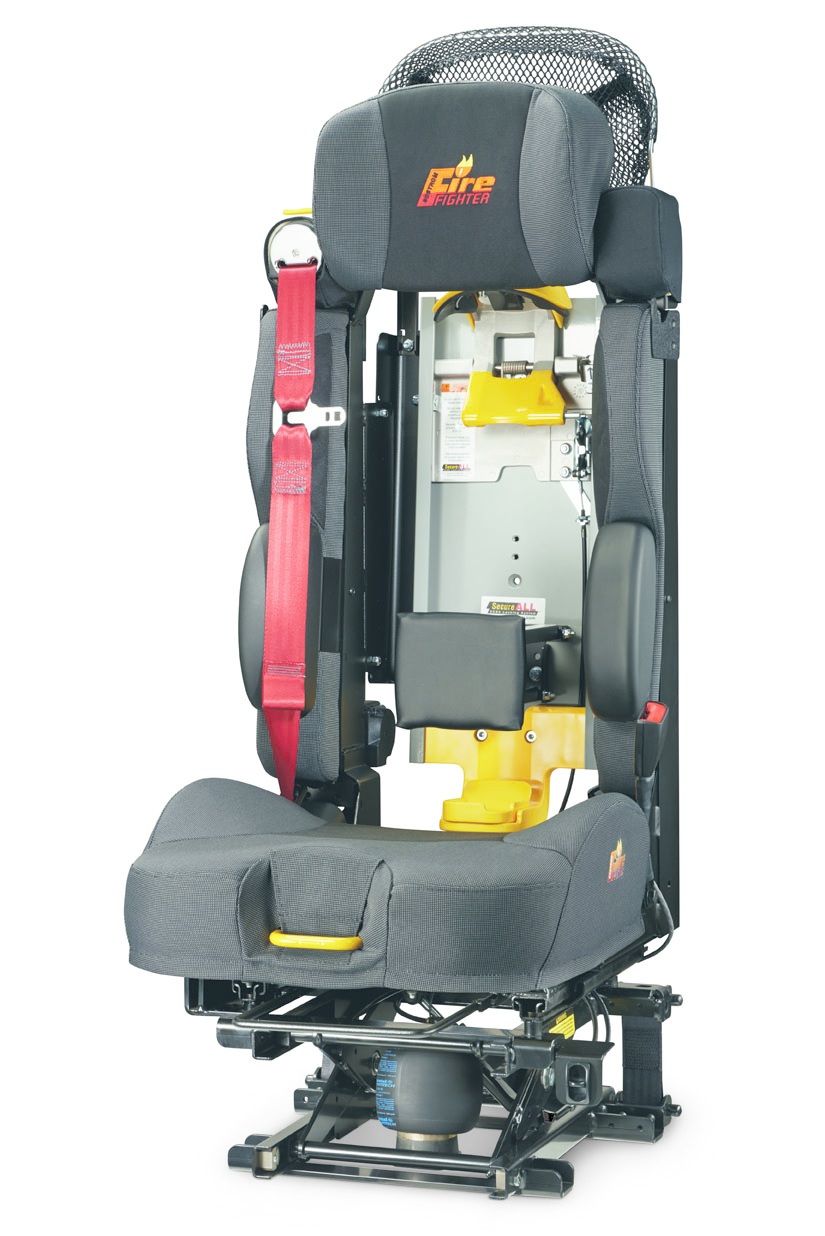 H.O. Bostrom's 500 series Tanker 550 SCBA air seat has a RiteHite adjustable height integrated seatbelt with dual retractor. It also has a proprietary SecureAll SCBA holder, integrated SCBA strap hooks, a mask storage pouch and the RestStop backrest to use when the bottle is not stored in the seat back.