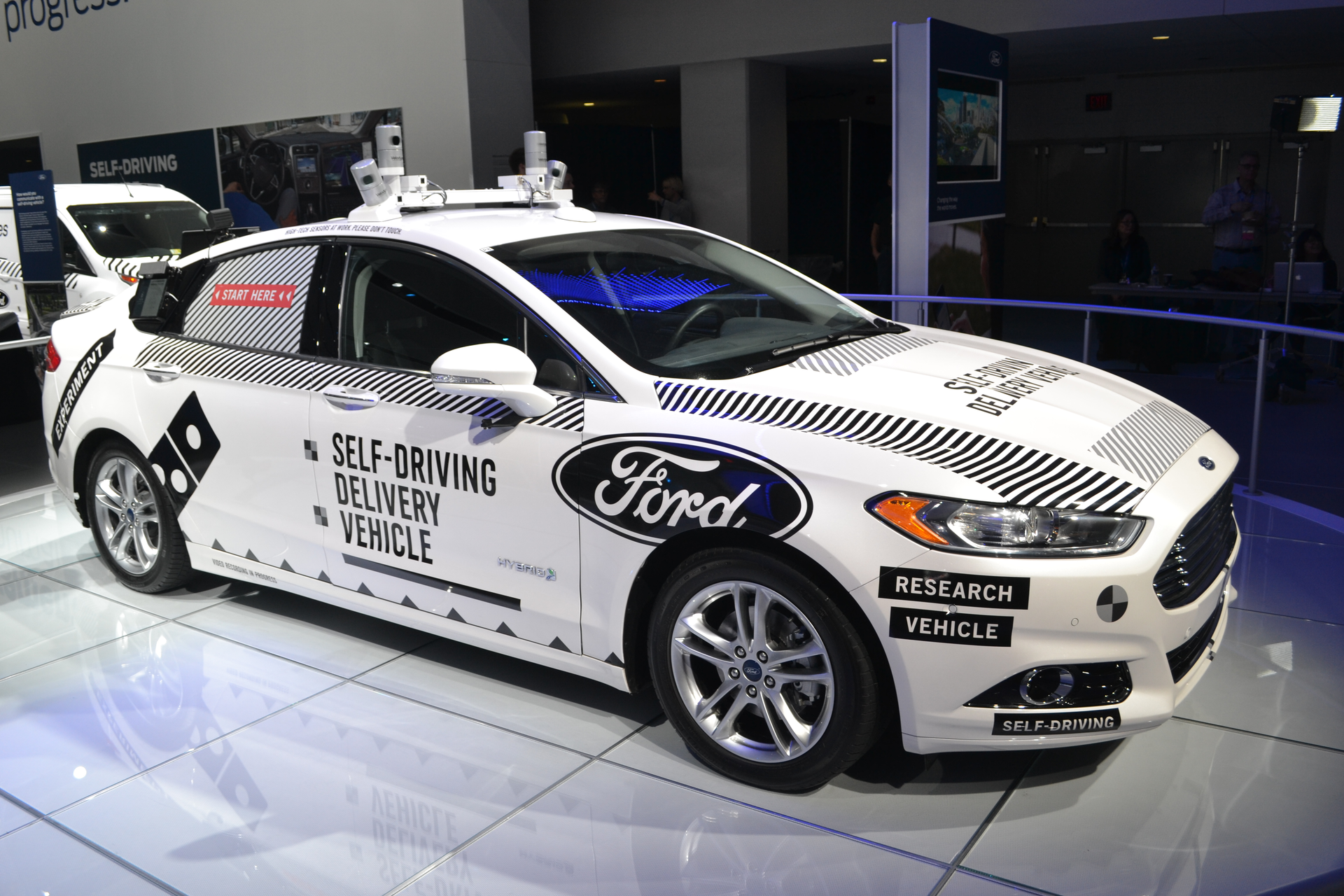 This Ford Fusion hybrid, specially outfitted to be a Level 4 capable driverless pizza delivery research vehicle, is currently undergoing real-world field testing in Ann Arbor, MI. Photos by Ron Moore