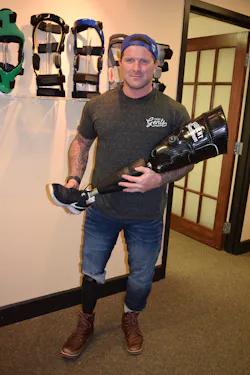 Mike Laughlin holds the Ottobock X3 Microprocessor Prosthetic that both he and Brandon Anderson use. Mike Laughlin holds the Ottobock X3 Microprocessor Prosthetic that both he and Brandon Anderson use.